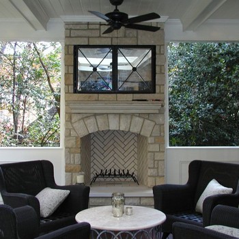 Leaders Limestone Outdoor Fireplace. Mirrors open and retract to expose the television