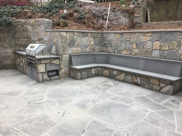 Outdoor Patio, Retaining Wall, Grill & Bench with Weathered Granite Mix & Bluestone Tops in Atlanta, GA (5)