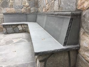 Outdoor Patio, Retaining Wall, Grill & Bench with Weathered Granite Mix & Bluestone Tops in Atlanta, GA (1)
